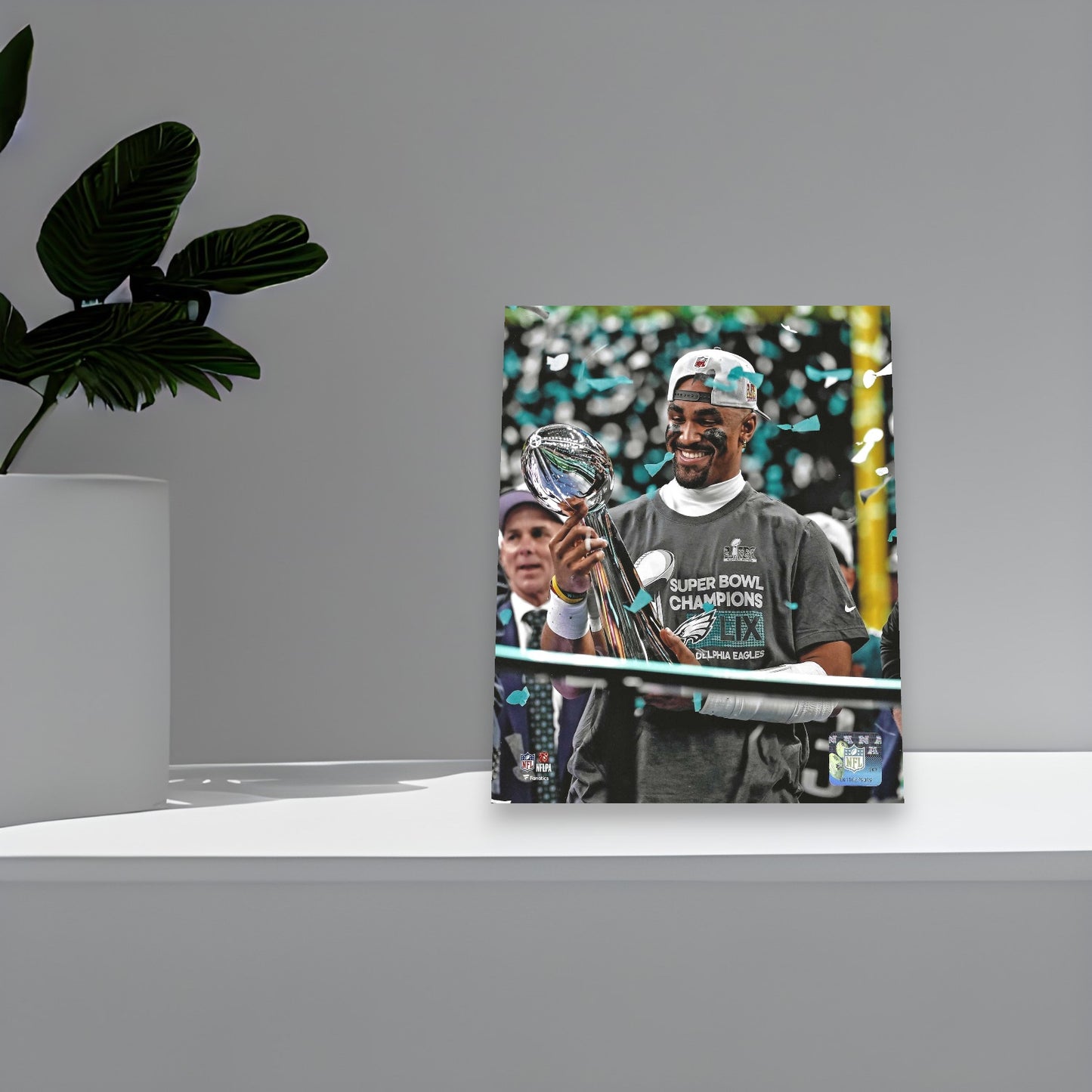 Philadelphia Eagles Jalen Hurts Holds The S.B. Trophy After Winning The 2025 Championship Game ! 8x10 Photo Poster. - Valentines Day, Birthday, Fathers Day, Or Christmas Gifts For Men, Dad, And Husband