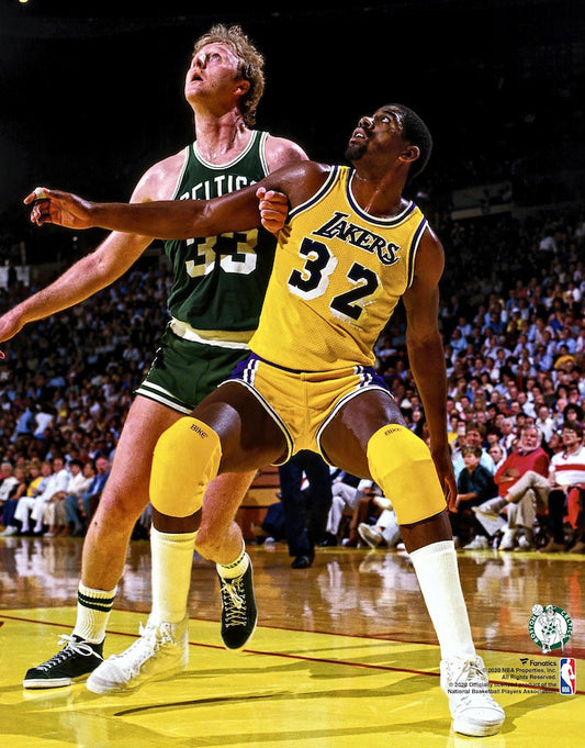The Boston Celtics Larry Bird & The Los Angels Lakers Magic Johnson Under The Boards. 8x10 Photo
