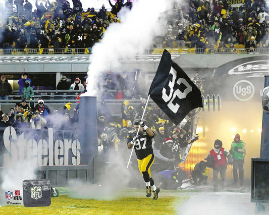 Pittsburgh Steelers Cameron Heyward Carries Franco Harris Flag for the 50th Anniversary of the Immaculate Reception 8x10 Photograph