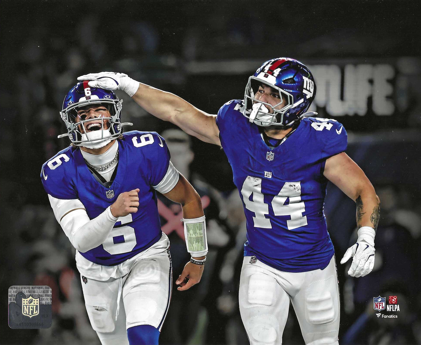 Jaxson Dart and Cam Skattebo celebrating in the end zone – New York Giants matte photo poster 8x10.