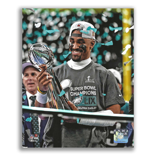Philadelphia Eagles Jalen Hurts Holds The S.B. Trophy After Winning The 2025 Championship Game ! 8x10 Photo Poster. - Valentines Day, Birthday, Fathers Day, Or Christmas Gifts For Men, Dad, And Husband