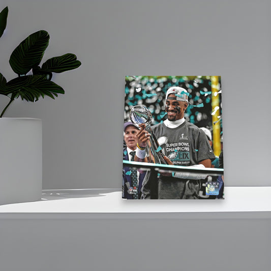 Philadelphia Eagles Jalen Hurts Holds The S.B. Trophy After Winning The 2025 Championship Game ! 8x10 Photo Poster. - Valentines Day, Birthday, Fathers Day, Or Christmas Gifts For Men, Dad, And Husband