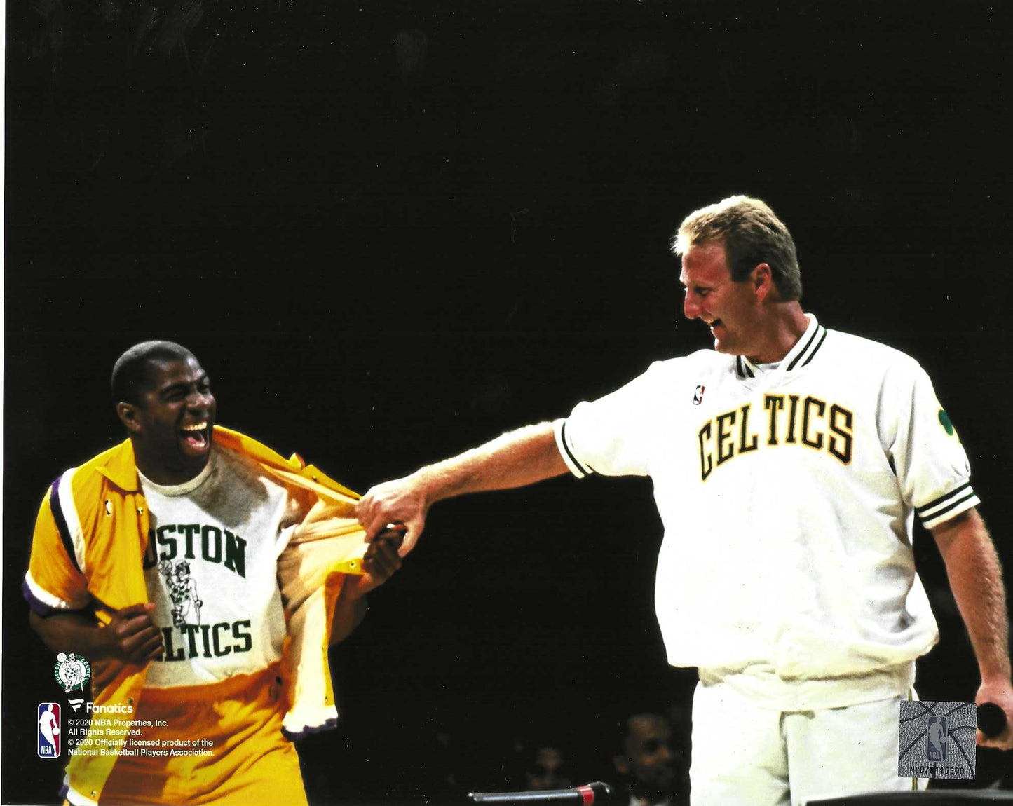 The Boston Celtics Larry Bird & The Los Angels Lakers Magic Johnson Share a Pregame Laugh. 8x10 PhotoPoster