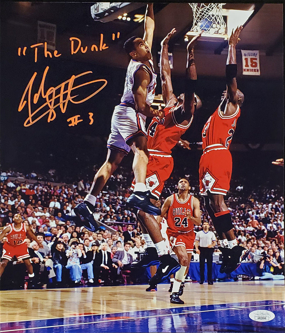 New York Knicks Shooting Guard John Starks Make The Dunk Over Micheal Jordan & Horace Grant During the 1993 Eastern Conference Finals Autographed 11x14 Color Photograph Picture Hand Signed in Orange Paint Pen