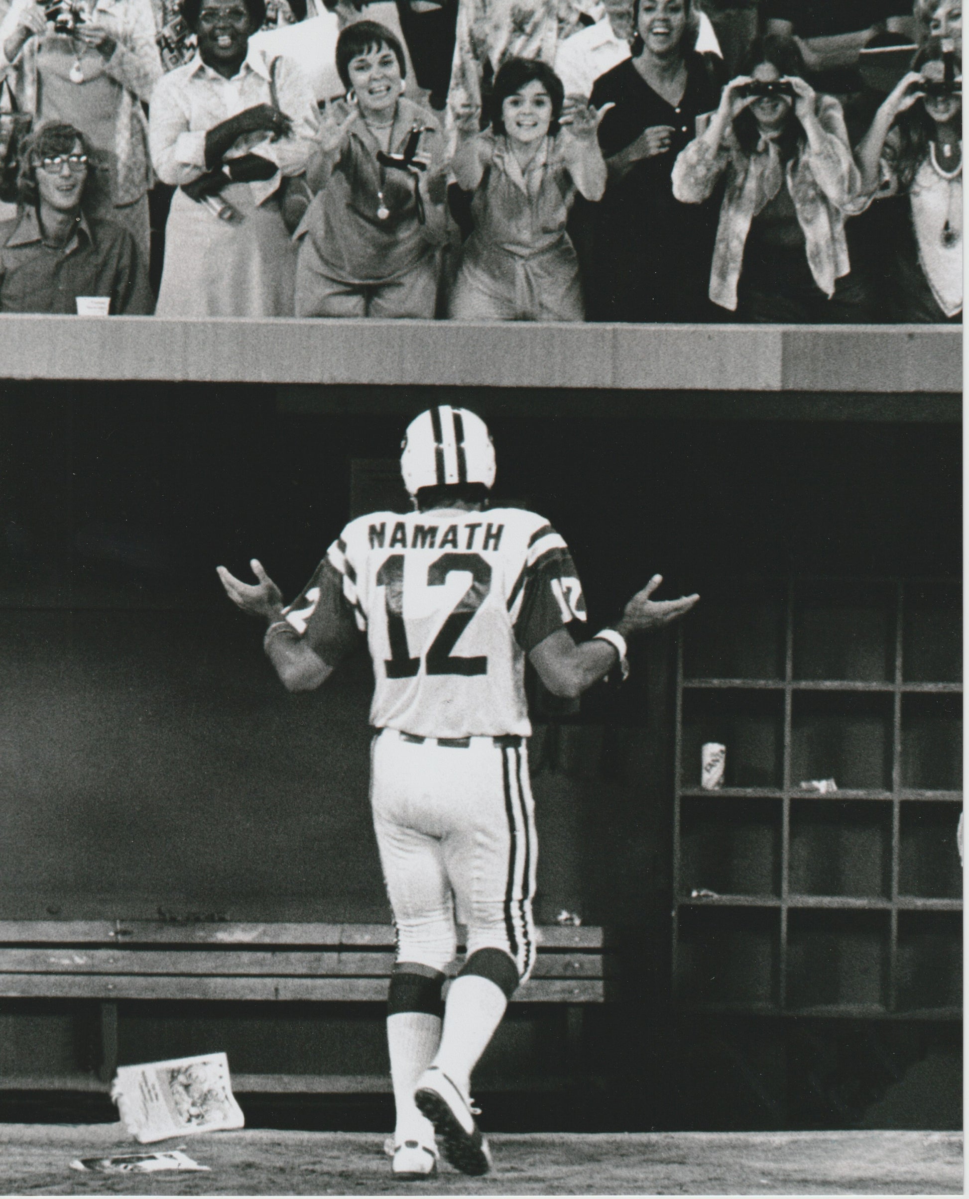 New York Jets Quarterback "Broadway" Joe Namath Acknowledging The Fans At The End Of A Game, 8x10 Photograph