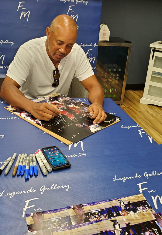 New York Knicks Shooting Guard John Starks Make The Dunk Over Micheal Jordan & Horace Grant During the 1993 Eastern Conference Finals Autographed 11x14 Color Photograph Picture Hand Signed in Orange Paint Pen.