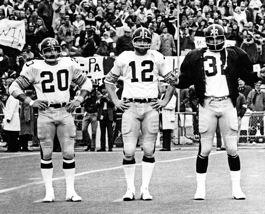 Pittsburgh Steelers Rocky Bleier, Terry Bradshaw and Franco Harris at Tree Rivers Stadium 8x10 Photo