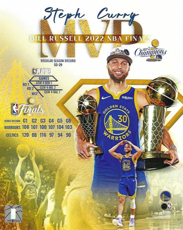 Golden Star Warriors Stephen Curry With his 2022 NBA Finals, and MVP Trophies Collage 8x10 Photo